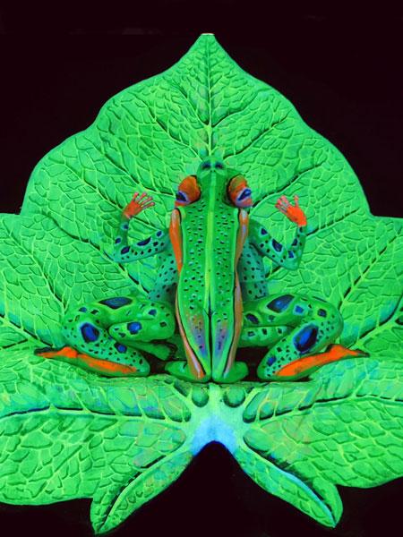 Optische Illusion mit Bodypainting in UV-Farben: Zwei bemalte Menschen verschmelzen zu einem Bild aus leuchtend grünen Blättern und knallbunten Fröschen, die sich farblich perfekt in die Blattform einfügen.