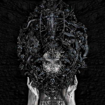Figure in an intricate dark biomechanical-style headdress with skull and spine motifs, hands raised near the face, set against a black textured background.