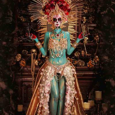 Performer with turquoise-painted skin and skull-style face makeup, wearing an ornate gold headdress and floral costume, standing before a dark altar decorated with candles and skeleton figures.