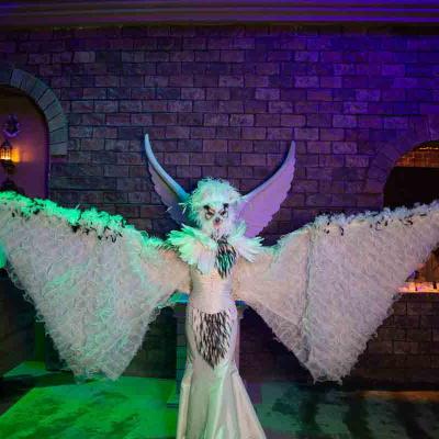 Person in white owl costume with outstretched wings in a lit indoor venue.